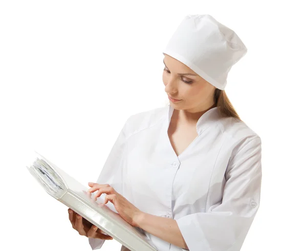 年轻女医生与孤立在白色的文件夹 — 图库照片