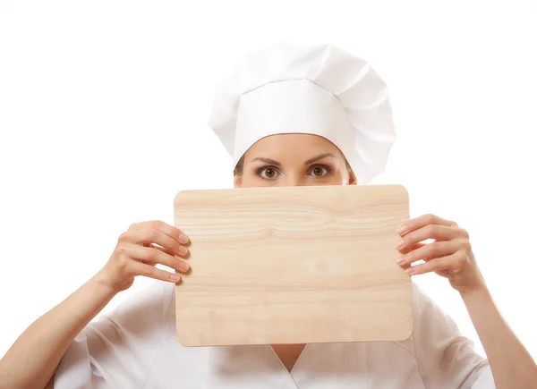 Woman Chef In Uniform With Cutting Board, Isolated — Stock Photo, Image