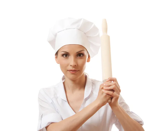 Baker / chef-kok vrouw houden bakken deegroller — Stockfoto