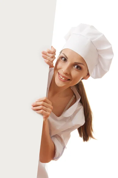 Woman chef, baker or cook holding white paper sign — Stock Photo, Image