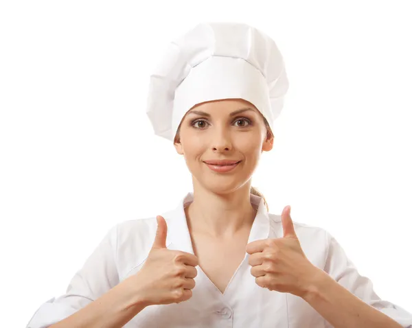 Chef mulher, cozinheiro, polegares felizes para cima — Fotografia de Stock