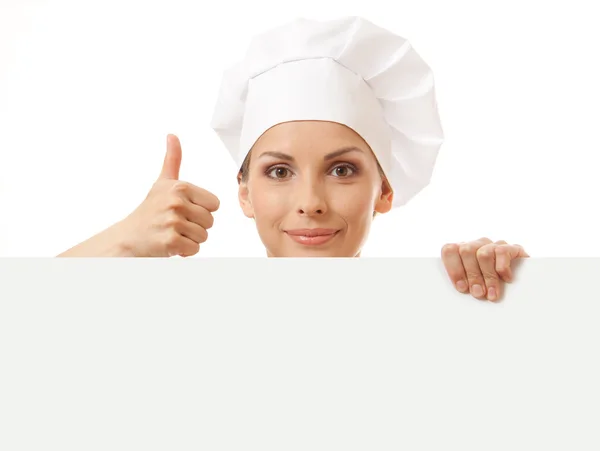 在她面前的空白板的厨师女人 — 图库照片