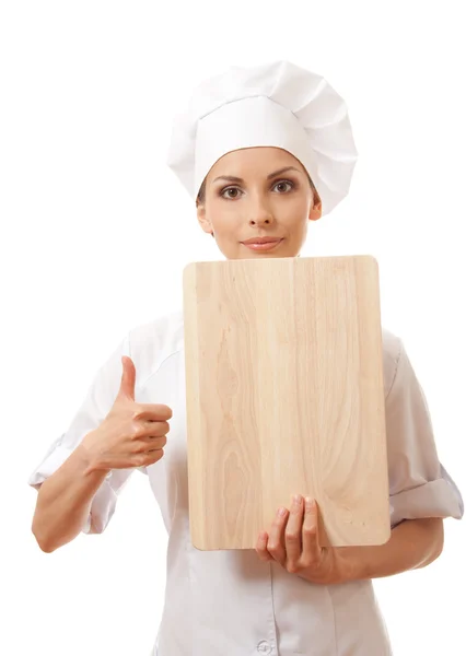 Mujer Chef en uniforme con tabla de cortar, aislado —  Fotos de Stock