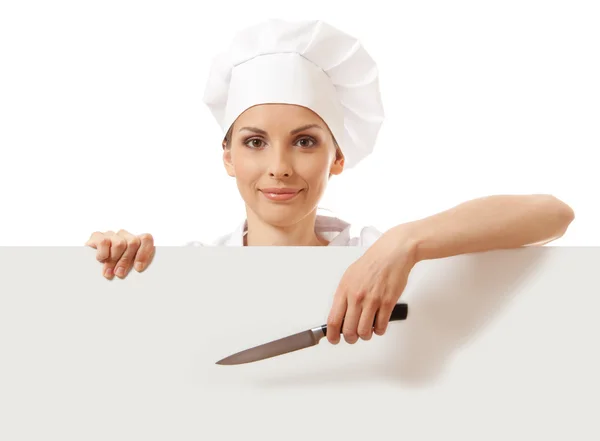 Chef woman with blank board in front of her — Stock Photo, Image