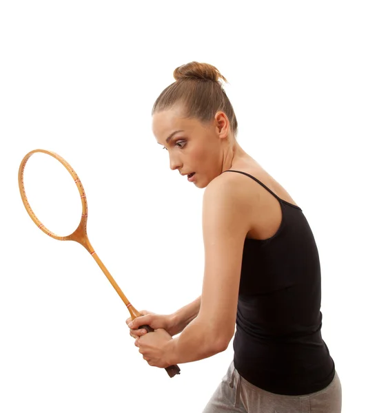 Chica con raqueta de bádminton — Foto de Stock