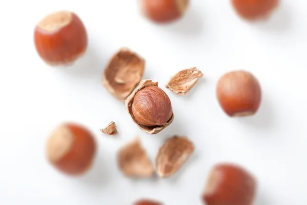 Peeled hazelnut among unpeeled, isolated on white — Stock Photo, Image