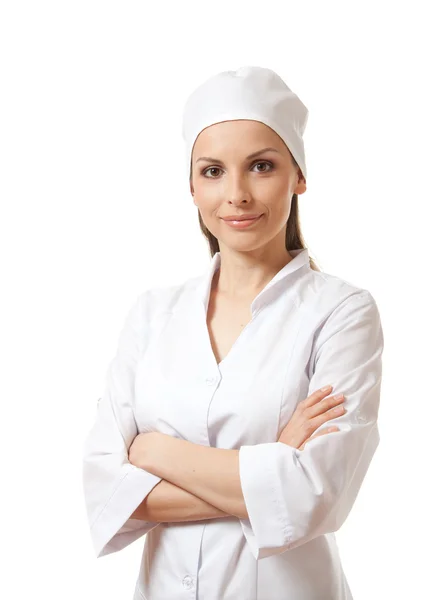 Vrouw verpleegster, geïsoleerd op witte achtergrond — Stockfoto