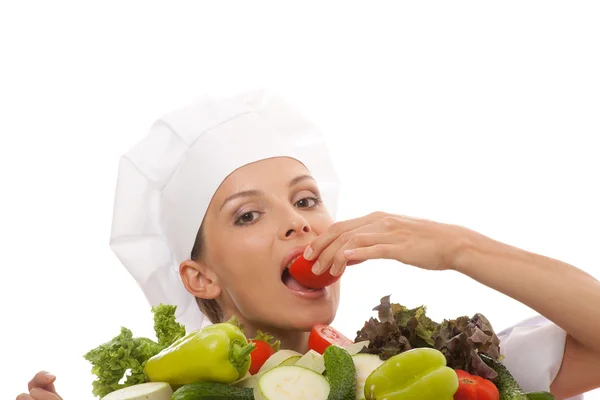 Mulher chef ou cozinheiro e legumes — Fotografia de Stock