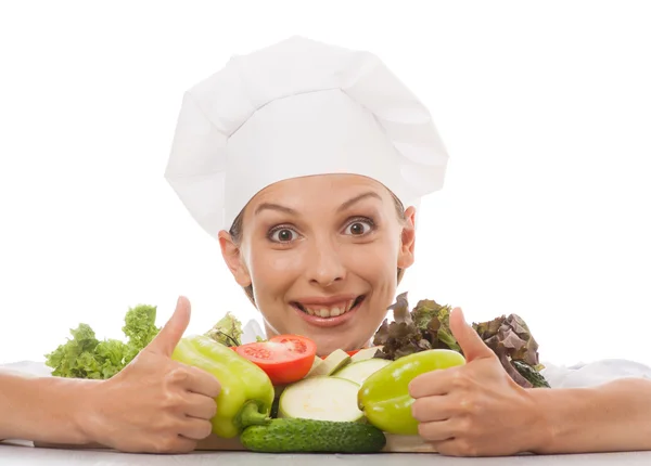 Mulher chef ou cozinheiro e legumes — Fotografia de Stock