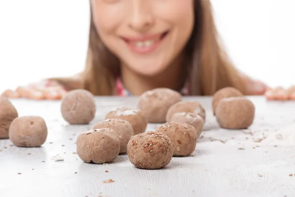 Dough balls and woman chef cook — Stock Photo, Image