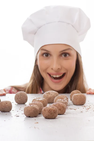 Pasta palle e donna chef cuoco — Foto Stock