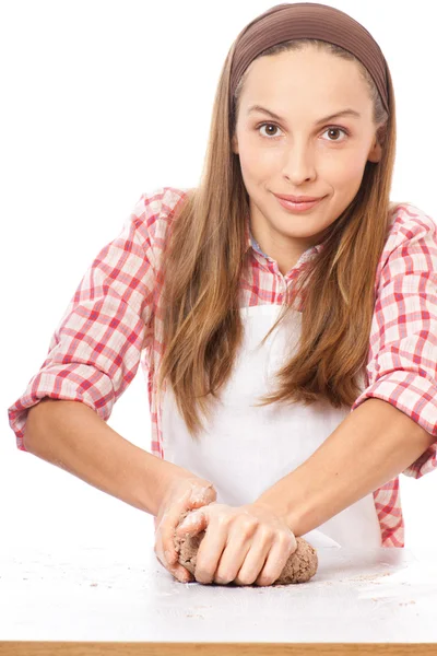 Woman knead rye dough — Stock Photo, Image