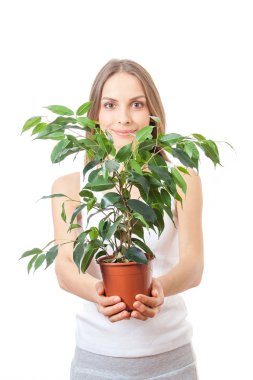 houseplant, üzerinde beyaz isolaterd tutan genç kadın