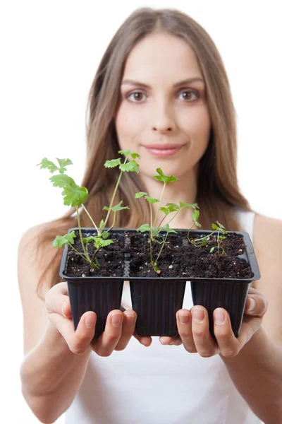 Jonge vrouw met plant, selderij sprout — Stockfoto
