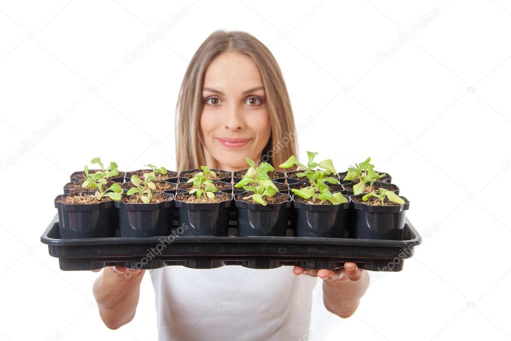 Young woman holding a lettuce seedling