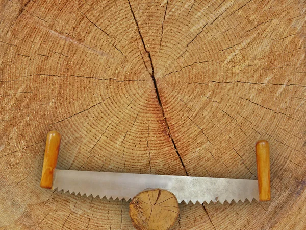 Two-handled saw on wooden background — Stock Photo, Image