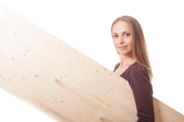 Vrouw achter een houten plank — Stockfoto