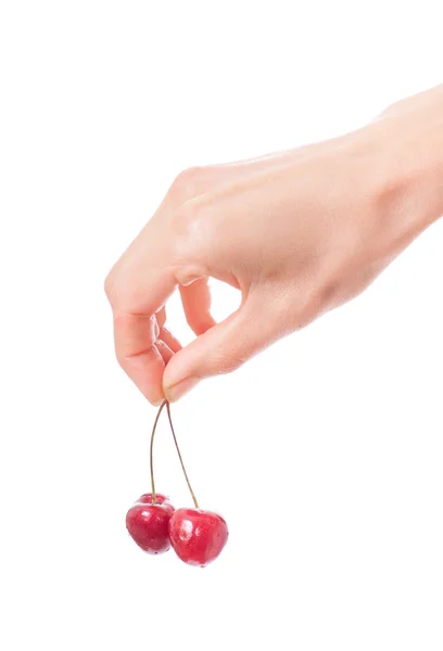 Mano sosteniendo dos cerezas sobre fondo blanco — Foto de Stock