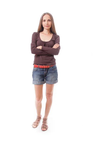 Mulher bonita em shorts, isolado em branco — Fotografia de Stock