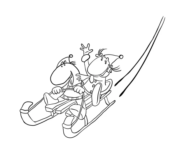 Couple sledding on a snowy hill , vector illustration — Stock Vector