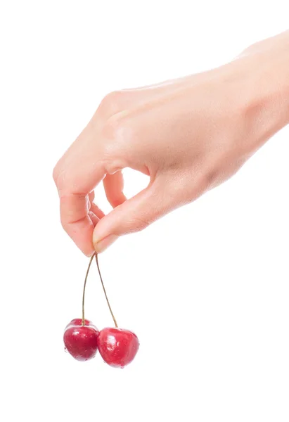 Mano sosteniendo dos cerezas sobre fondo blanco — Foto de Stock