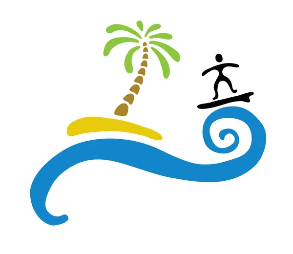 Surfer und Insel mit Palme, Vektorillustration — Stockvektor