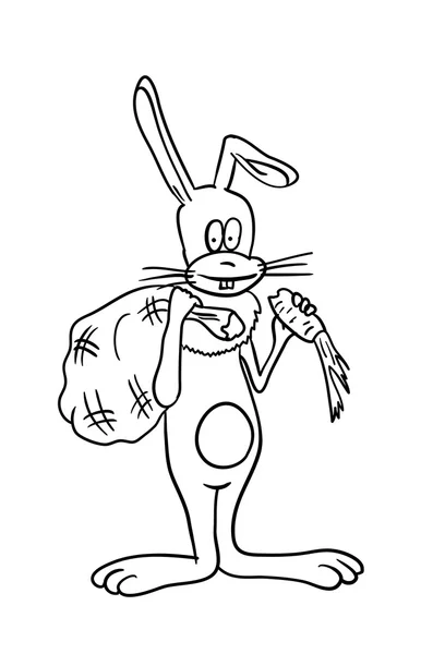 Conejo de dibujos animados con una bolsa de zanahorias, vector — Vector de stock