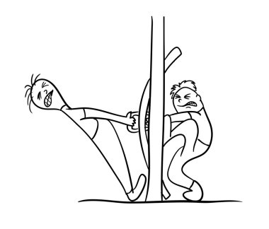two cartoon character trying to open the door, vector