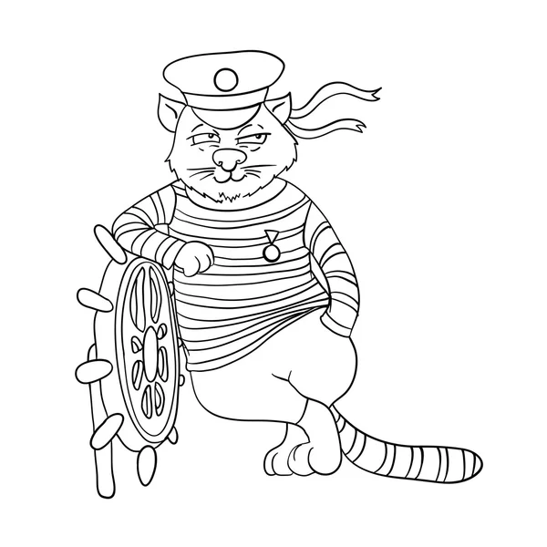 Кошка у штурвала корабля, векторная иллюстрация — стоковый вектор