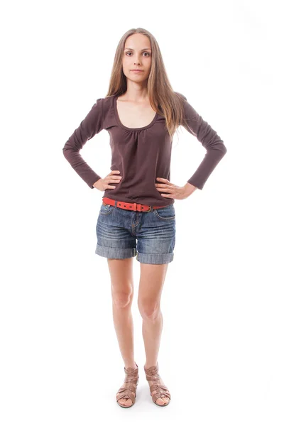 Beautiful woman in shorts,  isolated on white — Stock Photo, Image