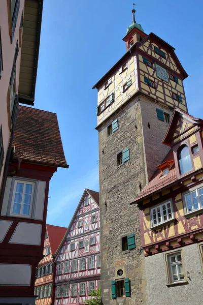Jose Tower Josenturm Timbered Framed Houses Medieval Town Schwabisch Hall — Foto Stock