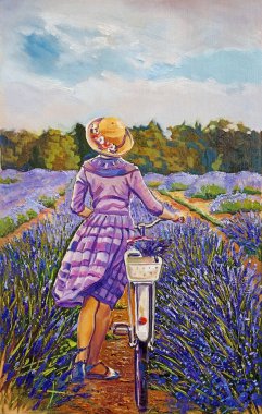 Woman in violet dress with bicycle walking in lavender field