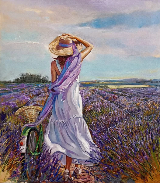 Young Woman Dress Bicycle Lavender Field — Stockfoto