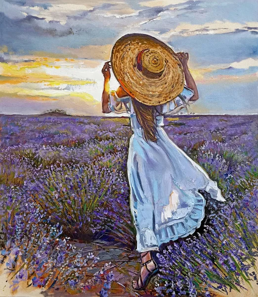 Woman Wearing Big Hat Dress Standing Lavender Field Watching Sunrise — Fotografia de Stock