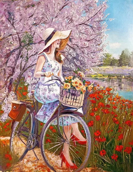 Woman with bicycle spring park outdoor painting oil on canvas art