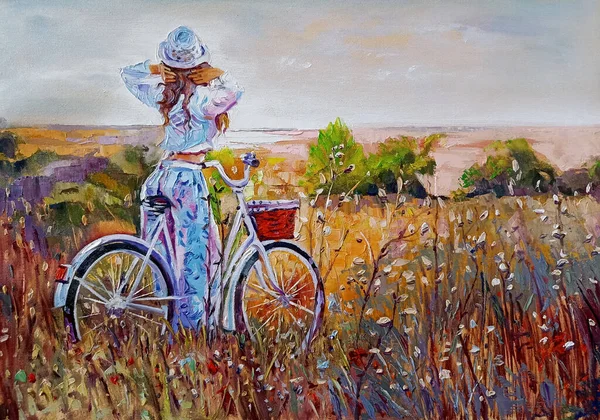 Donna Con Bicicletta All Aperto Nel Campo Fiorito Pittura Olio Foto Stock