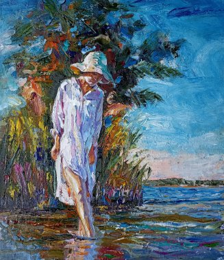 Beyaz elbiseli ve şapkalı bir kadın gölde durmuş tuvale yağ çiziyor. 