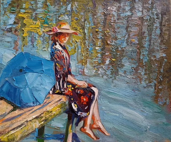 Göl Kenarındaki Ahşap Gölde Oturan Bir Kadın Şemsiyeyle Tuvale Resim Telifsiz Stok Imajlar