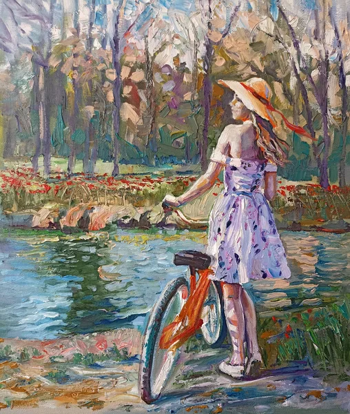 Elbise Şapka Giyen Genç Bir Kadın Bisikletiyle Nehir Kenarında Tuvale Telifsiz Stok Imajlar