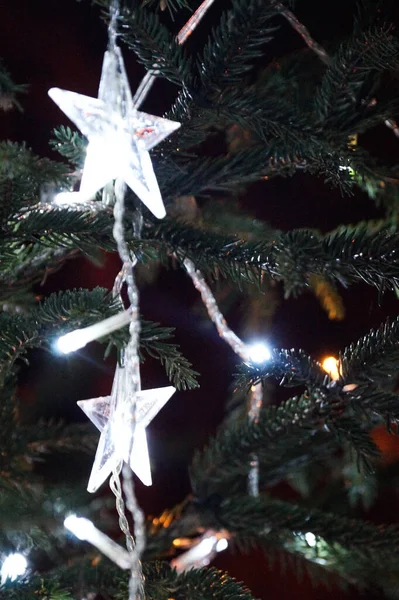 Luces Blancas Árbol Navidad Decoración Forma Estrella Nochebuena Brillante Noche — Foto de Stock