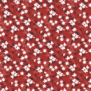Kırmızı, pürüzsüz desenli şirin beyaz çiçekleri var. Dekoratif çiçek vektör deseni tekrarlanıyor. Calico veya pejmürde şık projeler için basit bir dipsiz iz.