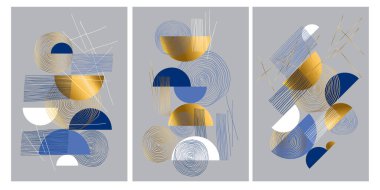 Modern soyut geometrik poster seti. Kart, başlık, davetiye, poster, sosyal medya, post yayın için lakonik tasarım. El çizimi şenlikli lüks vektör.