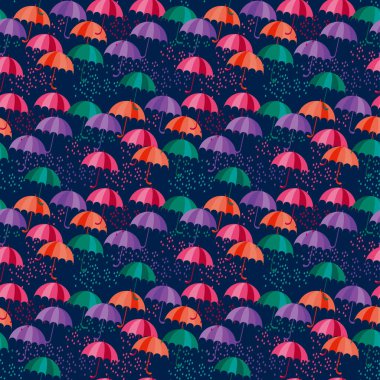 Sonbahar yağmuru şemsiyesi arka plan, kumaş, tekstil, ambalaj, yüzey, ağ ve baskı tasarımı için kusursuz desen. Tekstil için modaya uygun sonbahar şemsiyesi arka planı. Vektör kiremit uyumluluğu. 