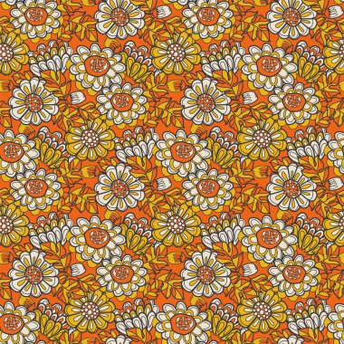 Arka plan, kumaş, tekstil, ambalaj, yüzey, ağ ve parmak izi tasarımı için sarı ve turuncu desenli klasik çiçek kadife çiçeği deseni. Retro renkte tekstil vektör eşleşmesi.