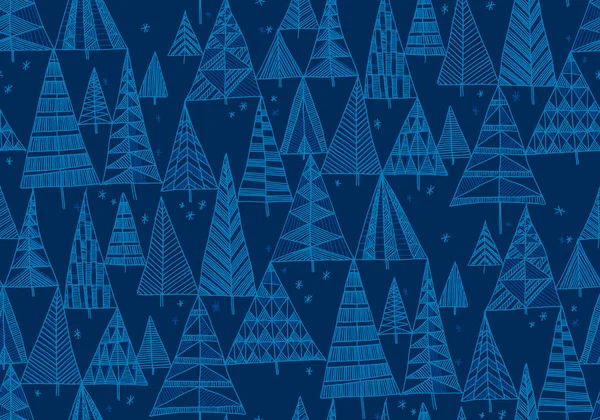 ファブリック テキスタイル ラップ ウェブやプリントデザインのための青いクリスマスツリーシームレスなパターンを手描き テキスタイルベクトルタイルのレポートとともにラインアートクリスマスツリーの森 — ストックベクタ