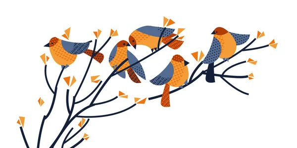 Decorative Sparrow Family Sitting Fall Winter Branch Vector Geometric Autumn — Stock Vector