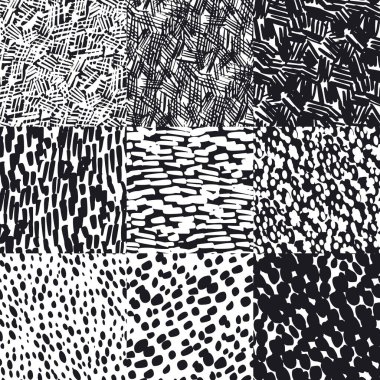 Tek renkli siyah beyaz çizim el, arka plan, kumaş, tekstil, ambalaj, yüzey, ağ ve parmak izi tasarımı için kusursuz desen çizdi. Tekstil vektör rappor