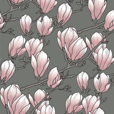 Magnolia bahar çiçekleri pembemsi ve gri renklerde. Özgeçmiş, kumaş, tekstil, ambalaj, yüzey, ağ ve baskı tasarımı için çiçeksi bir uyum. Tekstil vektör eşleşmesi