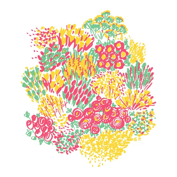 春みすぼらしいスタイルの花の組成 チューリップ 庭の花で夏緑豊かな花を咲かせます 手描きのカラフルな花のパターンのためのカード ヘッダー 招待状 ポスター ソーシャルメディア — ストックベクタ