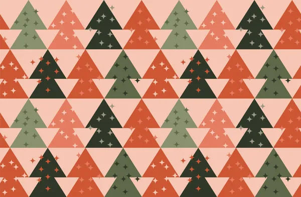 シンプルな幾何学背景 ファブリック テキスタイル ラップ ウェブやプリントデザインのための緑とサンゴの色のクリスマスツリーシームレスなパターン ラコニックXmas幾何学ベクトル Rapport — ストックベクタ
